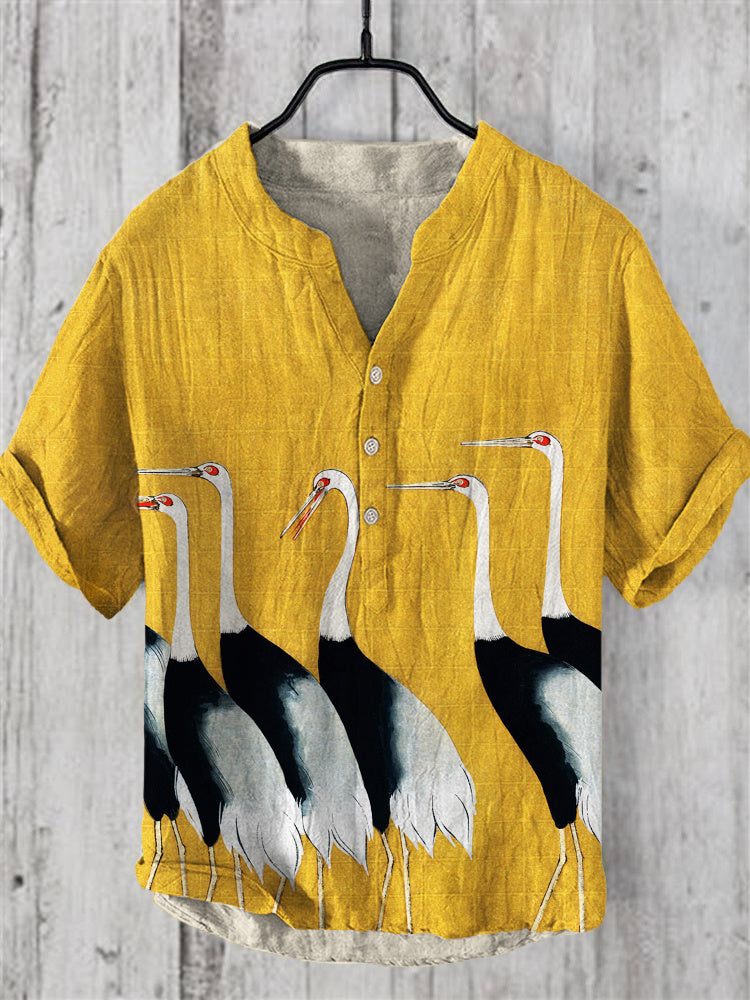 Japanese Crane Art Print Linen V-Neck Shirt