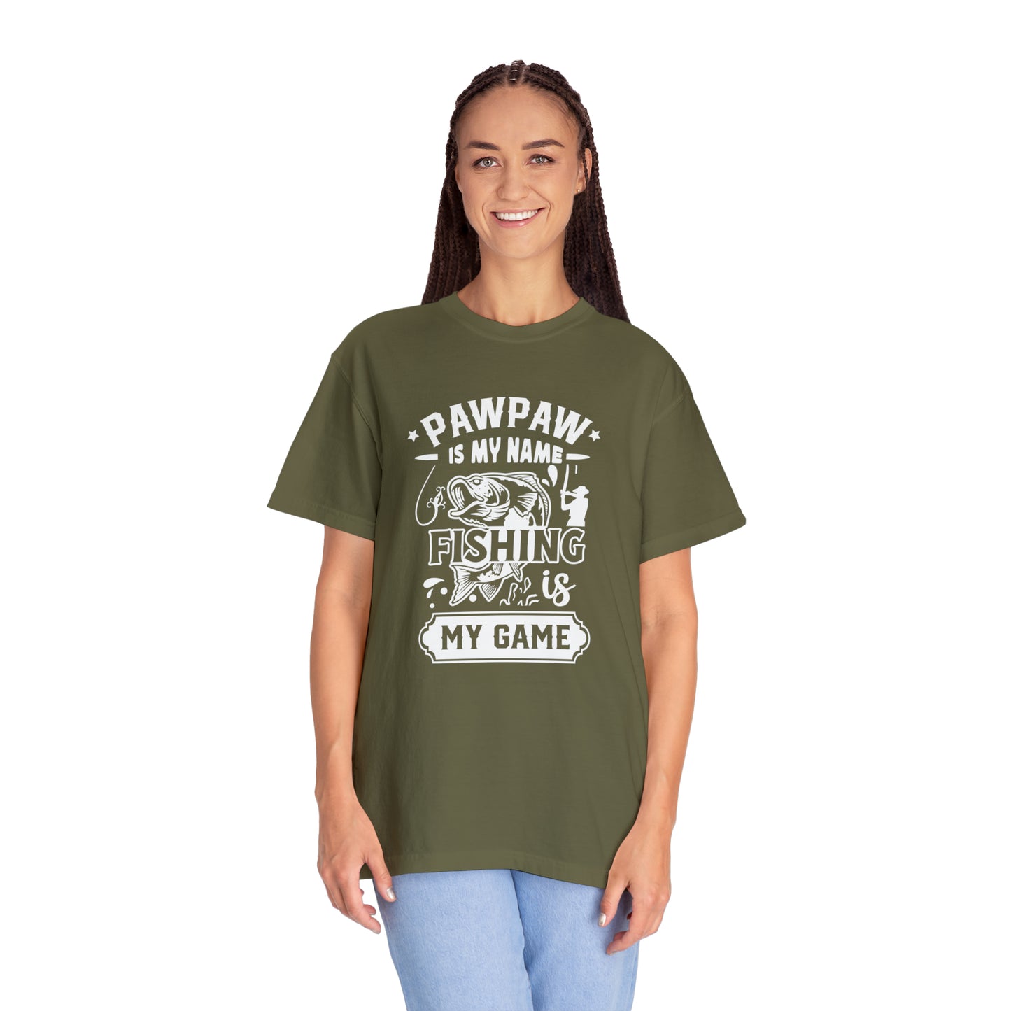 Embrace Fishing with Style: Pawpaw's Game in this Classic White T-Shirt