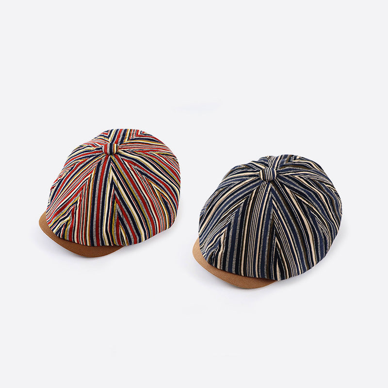 Striped Octagonal Hat for Spring and Autumn - Vintage, Casual, Artist-Inspired, Unique Headwear