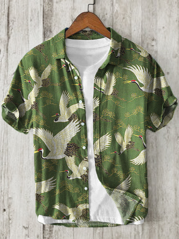 Japanese Traditional Cranes and Pine Trees Linen Blend Shirt