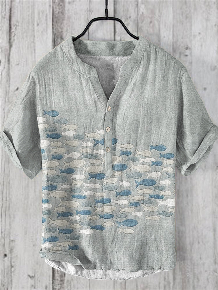 Ocean Fish Print Linen V-Neck Shirt