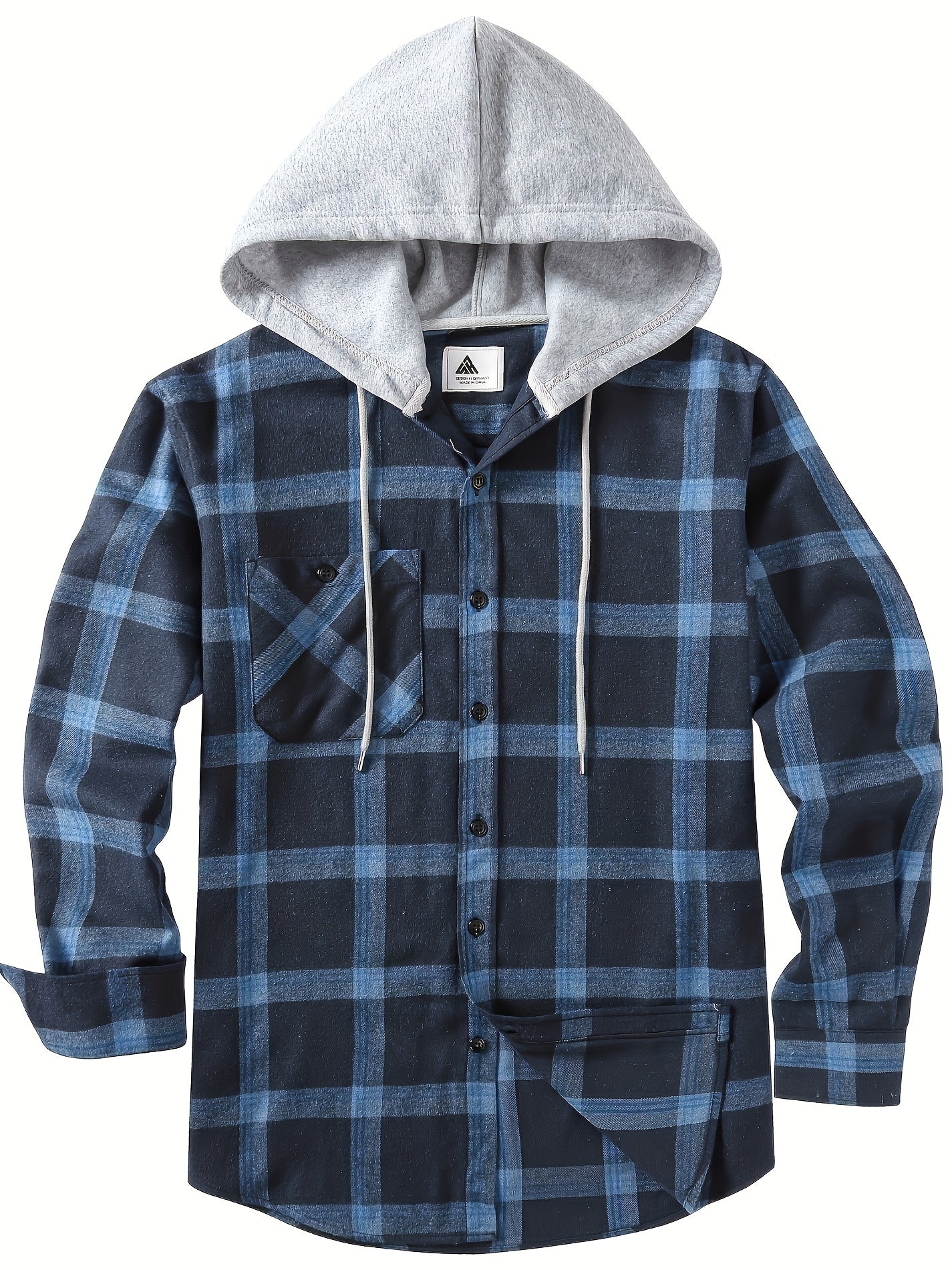 Plus Size Men s Plaid Hooded Shirt Contrast Color Long Sleeve