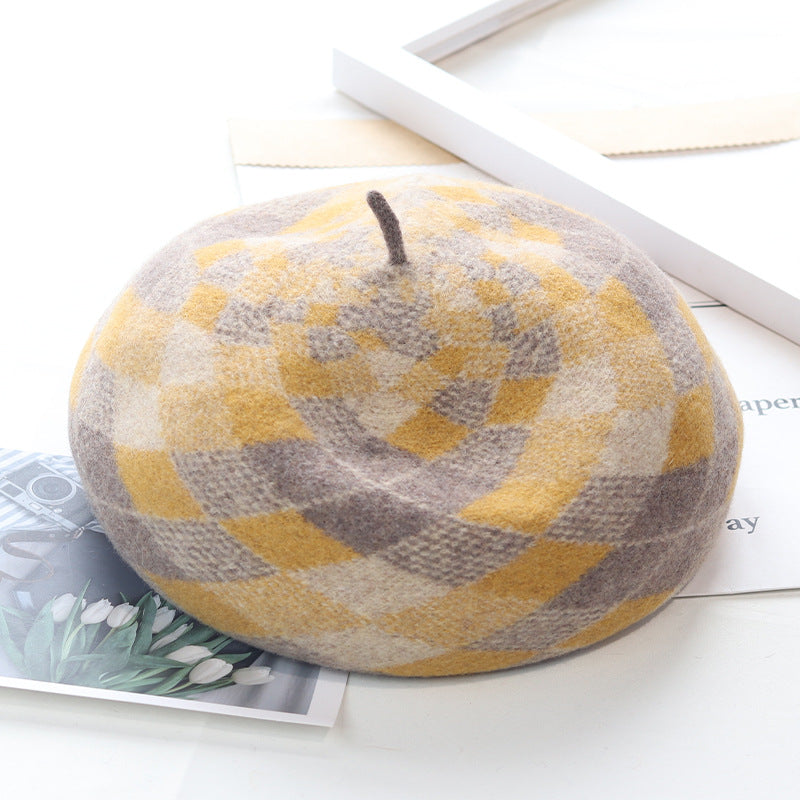 "Pandaize Autumn/Winter Beret Hat: Wool Brim Hat with Vintage Touch - Warm, Stylish, and Artistically Patterned"