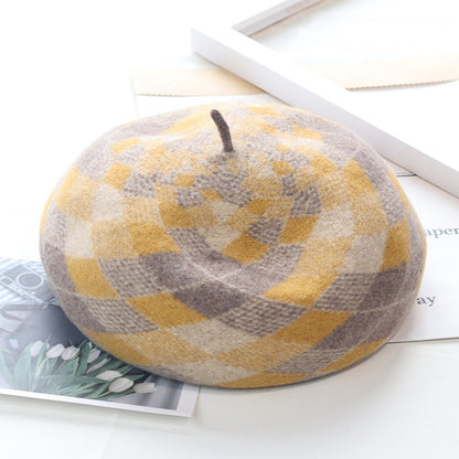 "Pandaize Autumn/Winter Beret Hat: Wool Brim Hat with Vintage Touch - Warm, Stylish, and Artistically Patterned"