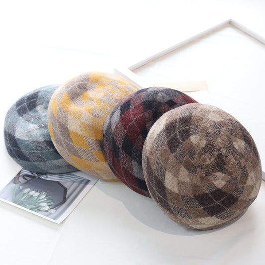 "Pandaize Autumn/Winter Beret Hat: Wool Brim Hat with Vintage Touch - Warm, Stylish, and Artistically Patterned"
