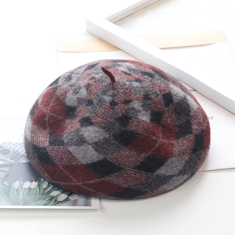 "Pandaize Autumn/Winter Beret Hat: Wool Brim Hat with Vintage Touch - Warm, Stylish, and Artistically Patterned"