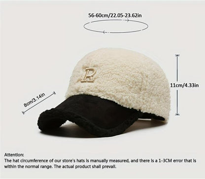 Pandaize-Gorra de béisbol con bordado de letra R para mujer, gorro de béisbol ajustable a prueba de frío, cálido, de felpa, ajustable, para Otoño e Invierno