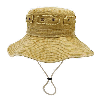 Vintage Washed Distressed Wide Brim Sun Hat with Copper Buckle Patch for Men and Women, Outdoor Jungle Hiking Fishing