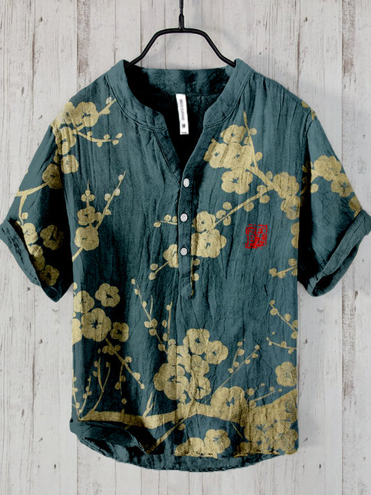 Japanese Plum Blossom Print Linen Blend Cozy Shirt