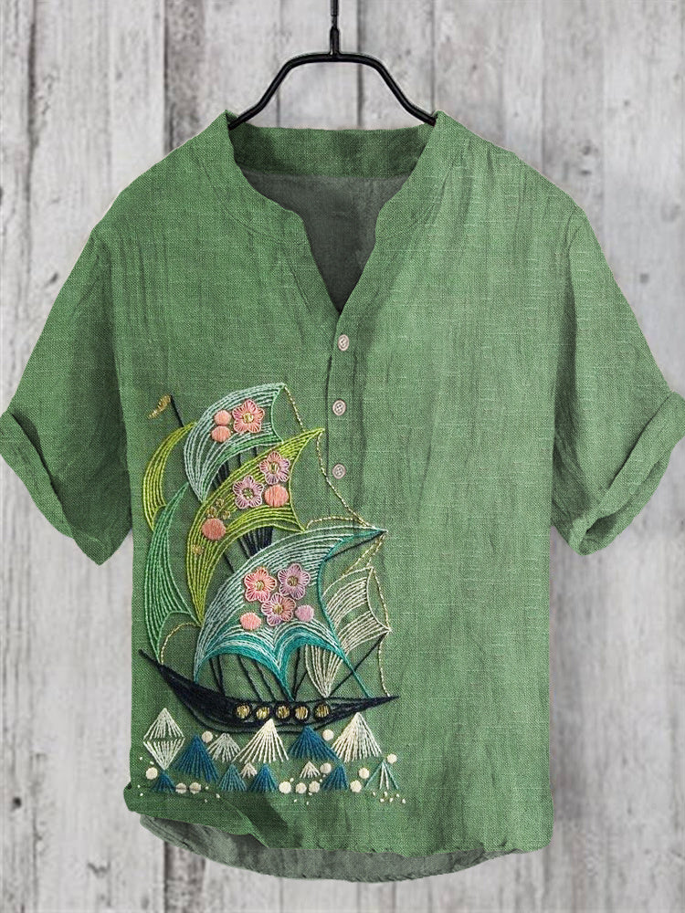 'Sailboat Embroidered Linen V-Neck Shirt with Ocean Floral Design'