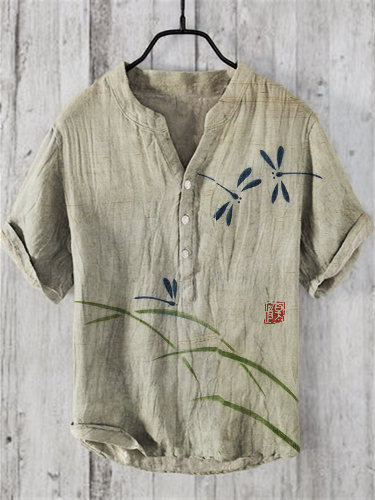 Dragonflies of Spring Art Linen Blend Shirt