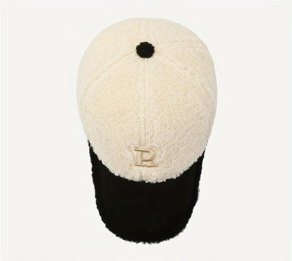 Pandaize-Gorra de béisbol con bordado de letra R para mujer, gorro de béisbol ajustable a prueba de frío, cálido, de felpa, ajustable, para Otoño e Invierno