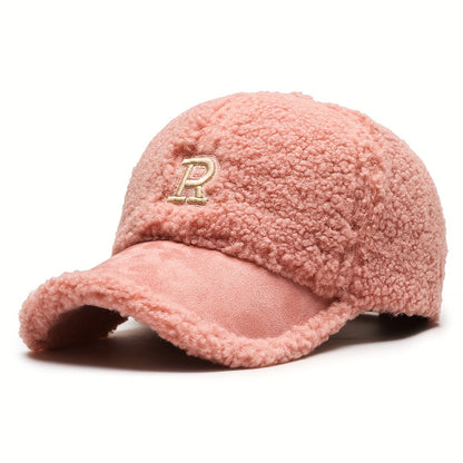 Pandaize Classic Letter R Embroidery Baseball Cap Color Block Coldproof Warm Plush Adjustable Sun Hat For Women Autumn & Winter