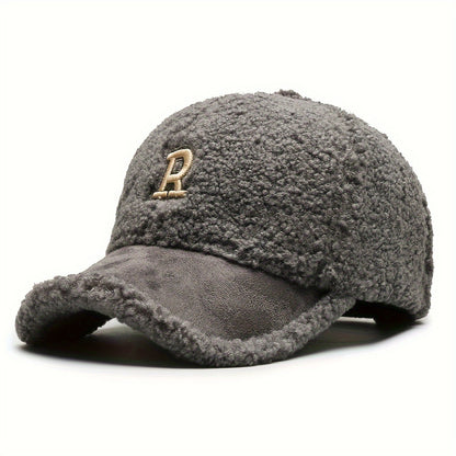 Pandaize Classic Letter R Embroidery Baseball Cap Color Block Coldproof Warm Plush Adjustable Sun Hat For Women Autumn & Winter