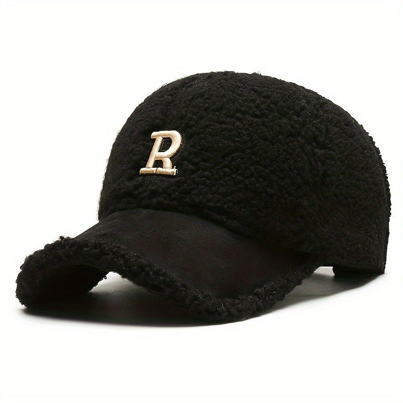 Pandaize-Gorra de béisbol con bordado de letra R para mujer, gorro de béisbol ajustable a prueba de frío, cálido, de felpa, ajustable, para Otoño e Invierno