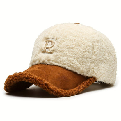 Pandaize-Gorra de béisbol con bordado de letra R para mujer, gorro de béisbol ajustable a prueba de frío, cálido, de felpa, ajustable, para Otoño e Invierno