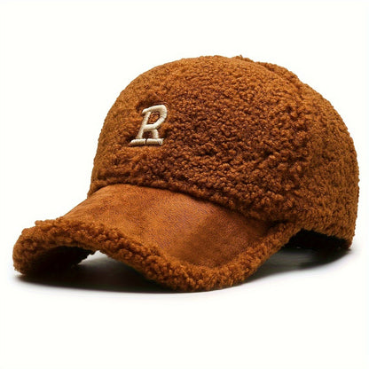 Pandaize-Gorra de béisbol con bordado de letra R para mujer, gorro de béisbol ajustable a prueba de frío, cálido, de felpa, ajustable, para Otoño e Invierno