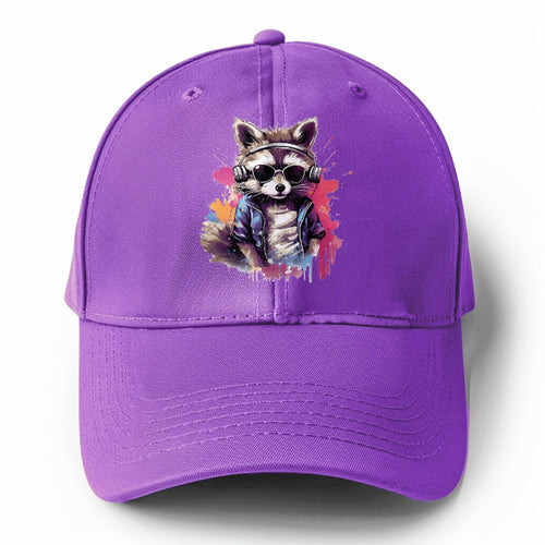 Raccoon With Headphones Solid Color Baseball Cap