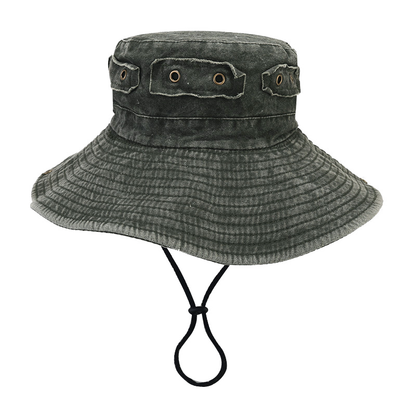 Vintage Washed Distressed Wide Brim Sun Hat with Copper Buckle Patch for Men and Women, Outdoor Jungle Hiking Fishing