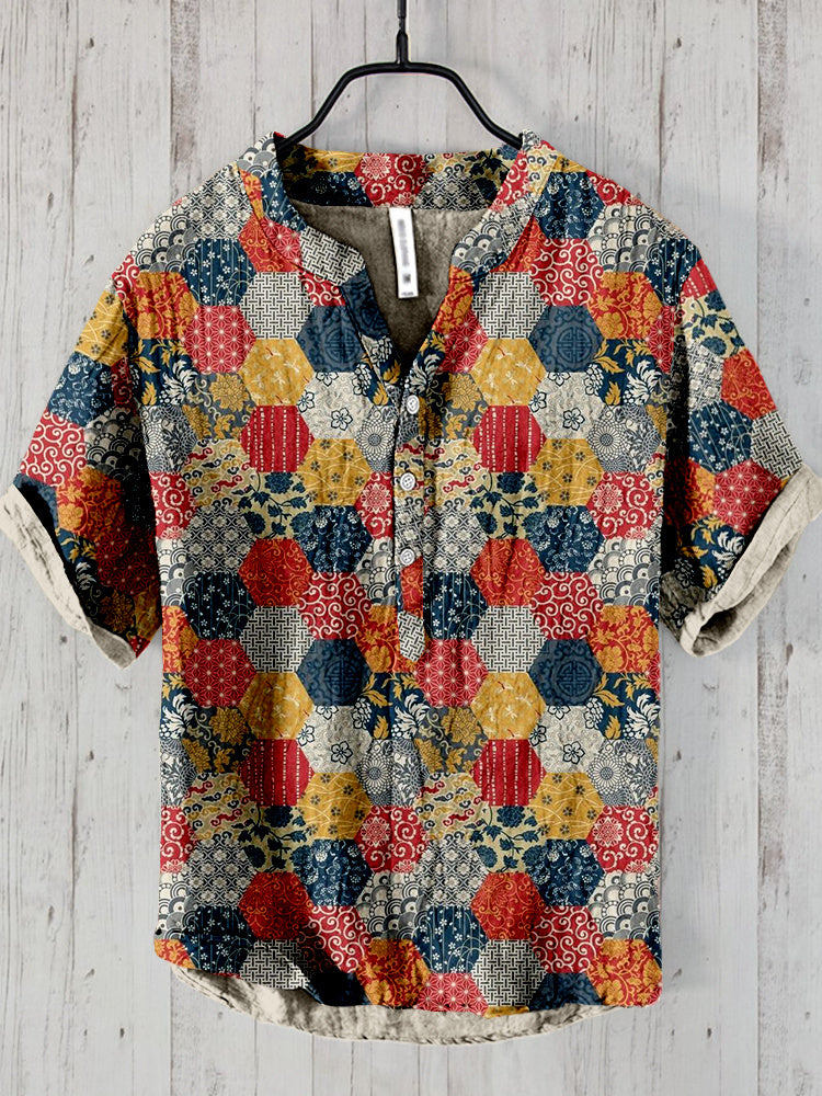 Traditional Japanese Patchwork Linen Blend Shirt