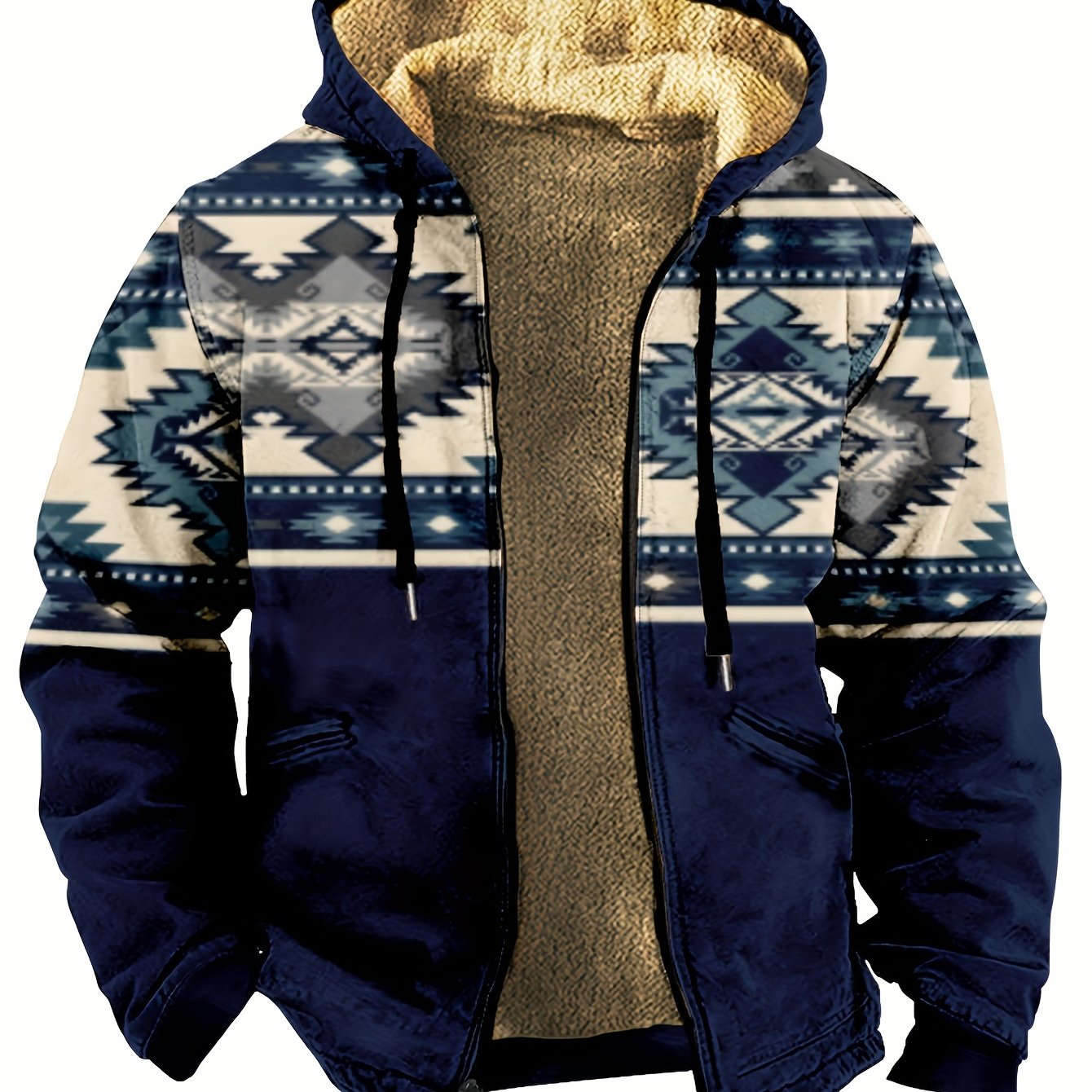 Ethnic Style Warm Fleece Hooded Jacket, Men's Casual Warm Thick Zip Up –  Pandaize