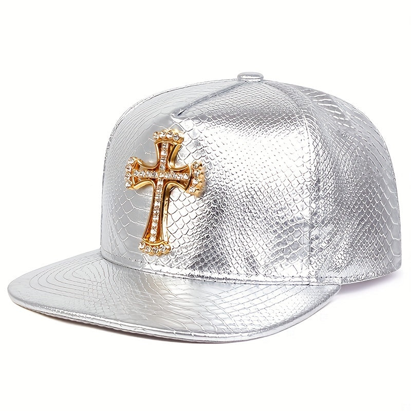 Pandaize Rhinestone Metal Cross Baseball Cap Solid Color PU Leather Hip Hop Sports Hats Sunscreen Snapback Hat