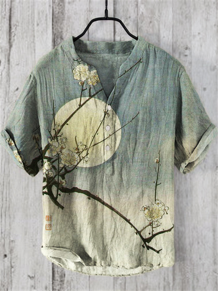 Plum Blossom Japanese Art Linen Blend Shirt