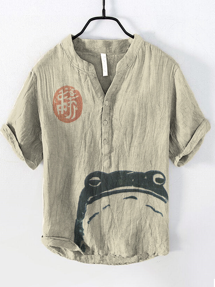 'Japanese Frog Print Cotton Linen Shirt'