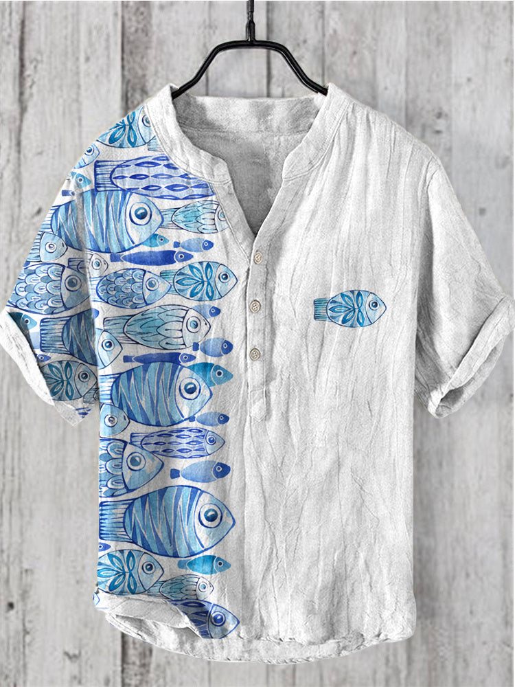 Ocean Fish Print Linen V-Neck Shirt in Watercolor Style