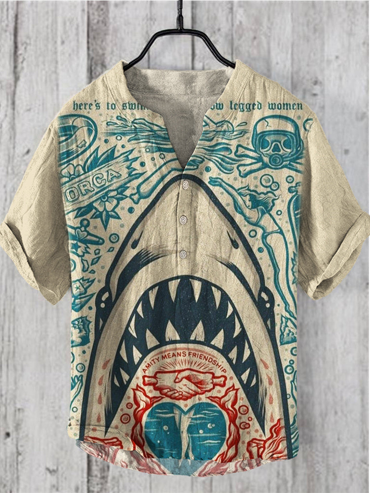 Ocean Shark Print Linen V-Neck Shirt