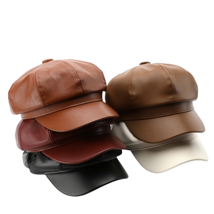 Pandaize Classic Beret: Octagonal Solid Color Leather Painter's Hat for Stylish Outdoor Warmth