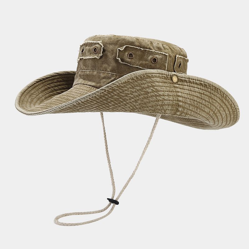 Vintage Washed Distressed Wide Brim Sun Hat with Copper Buckle Patch for Men and Women, Outdoor Jungle Hiking Fishing