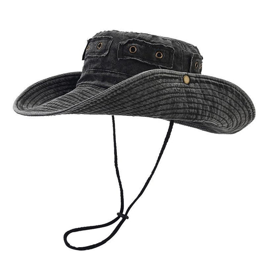 Sombrero de Sol de ala Ancha Lavado Vintage con Parche de Hebilla de Cobre para Hombres y Mujeres, Pesca de Senderismo en la Selva al Aire Libre