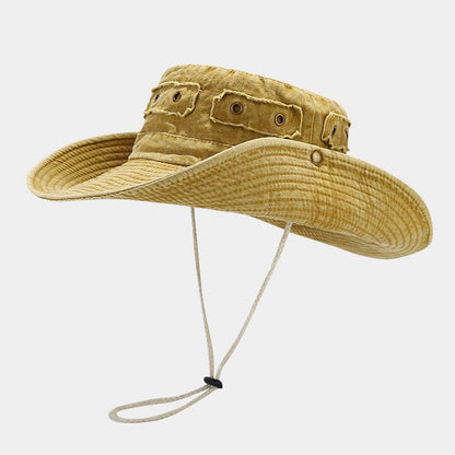 Sombrero de Sol de ala Ancha Lavado Vintage con Parche de Hebilla de Cobre para Hombres y Mujeres, Pesca de Senderismo en la Selva al Aire Libre