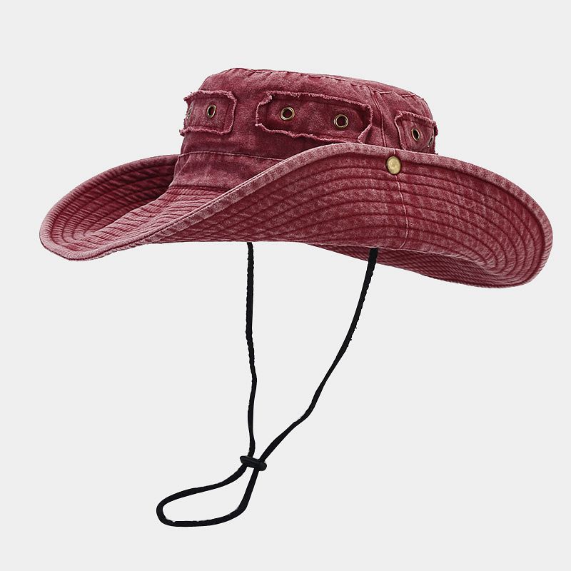 Vintage Washed Distressed Wide Brim Sun Hat with Copper Buckle Patch for Men and Women, Outdoor Jungle Hiking Fishing