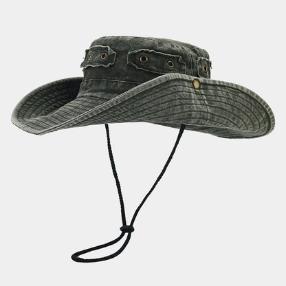 Vintage Washed Distressed Wide Brim Sun Hat with Copper Buckle Patch for Men and Women, Outdoor Jungle Hiking Fishing