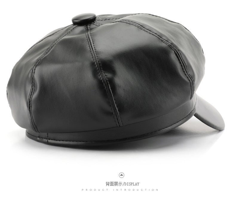 Pandaize Classic Beret: Octagonal Solid Color Leather Painter's Hat for Stylish Outdoor Warmth