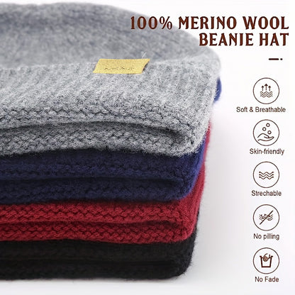 Pandaize Gorro de punto de lana merino premium | Gorra unisex de color sólido para invierno