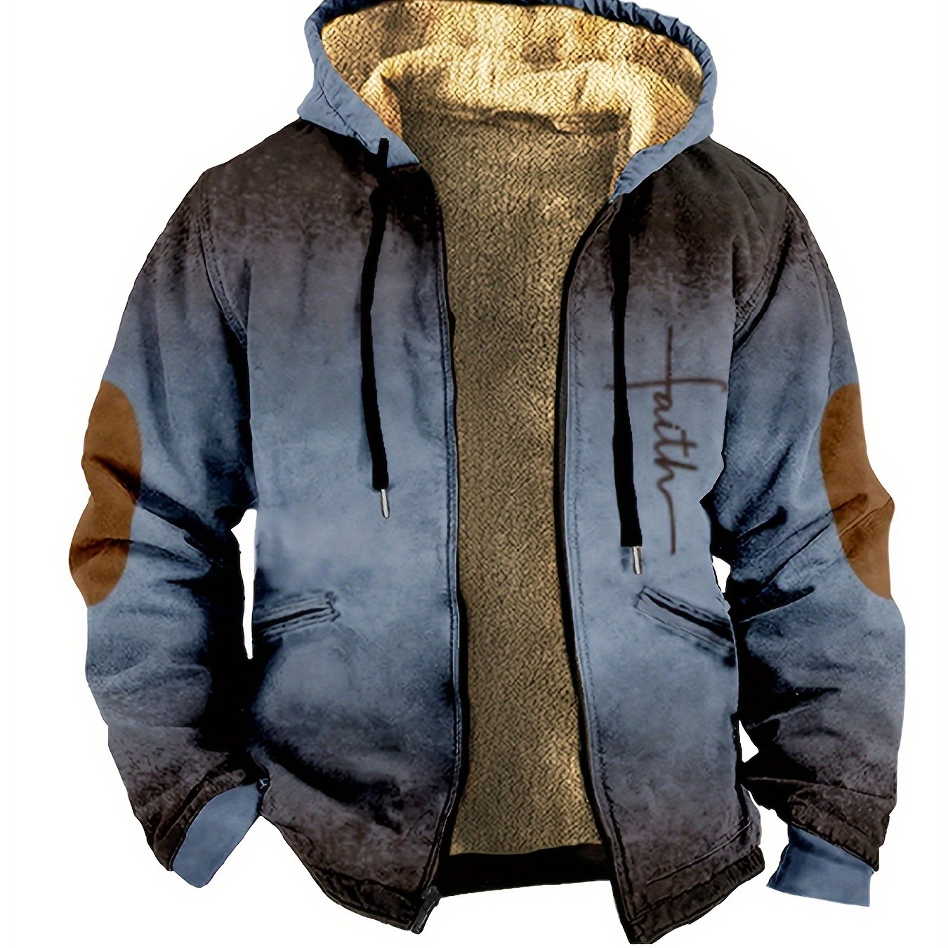 Ethnic Style Warm Fleece Hooded Jacket, Men's Casual Warm Thick Zip Up  Hoodie For Fall Winter