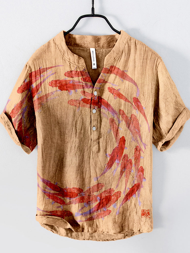 Japanese Koi Fish Art Linen Blend Cozy Shirt - Vintage Style