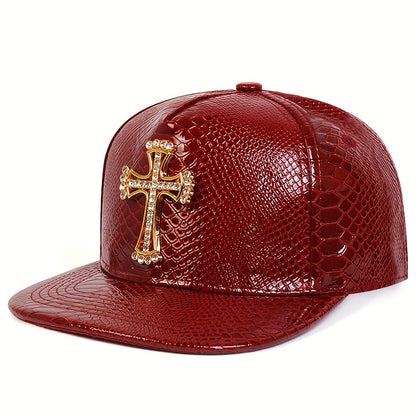 Pandaize Rhinestone Metal Cross Baseball Cap Solid Color PU Leather Hip Hop Sports Hats Sunscreen Snapback Hat