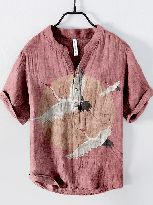 Flying Cranes Japanese Art Linen Blend Shirt