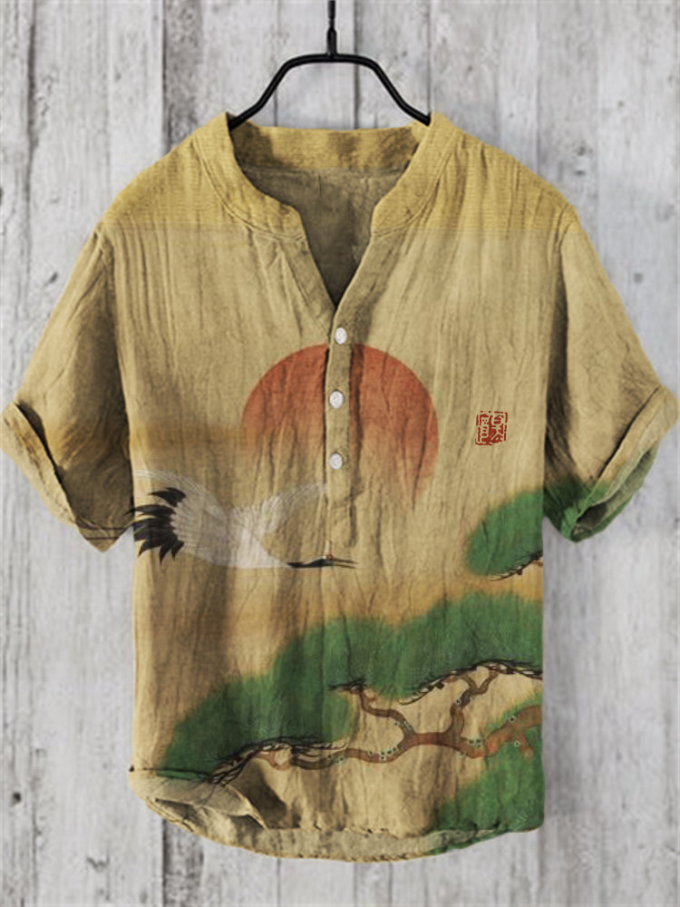 Japanese Linen Blend Shirt with Cranes and Pine Trees Sunrise
