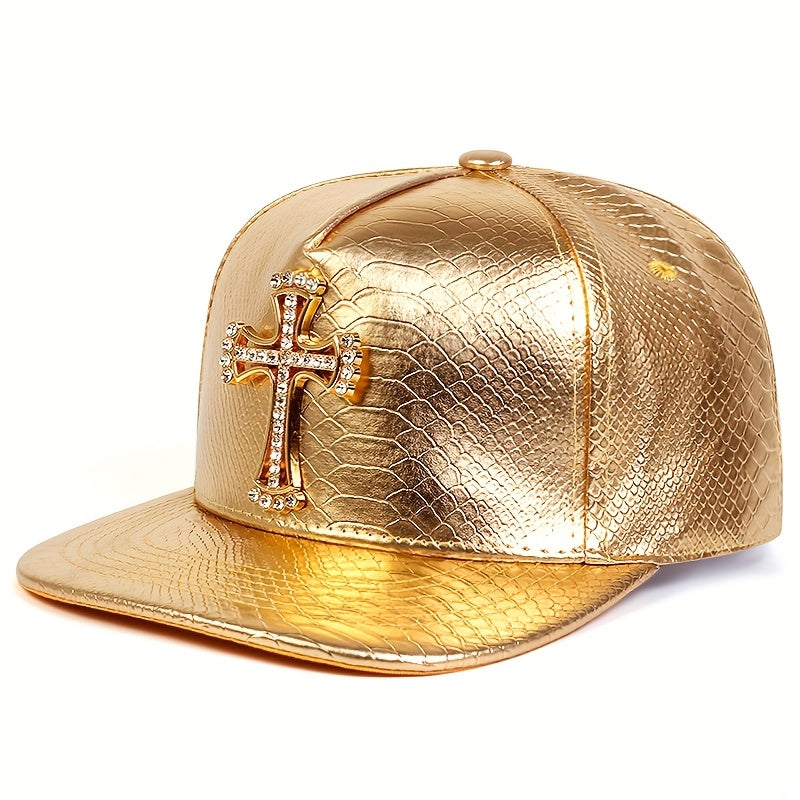 Pandaize Rhinestone Metal Cross Baseball Cap Solid Color PU Leather Hip Hop Sports Hats Sunscreen Snapback Hat