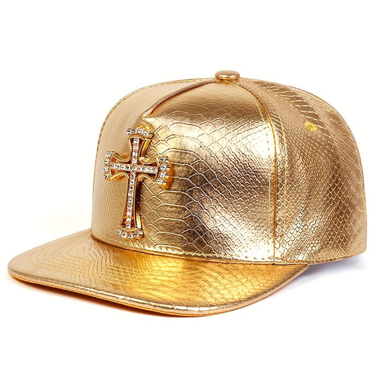 Pandaize Gorra de béisbol con Cruz de Metal y Diamantes de imitación, Color sólido, Cuero de PU, Sombreros Deportivos de Hip Hop, Sombrero Snapback con protección Solar 