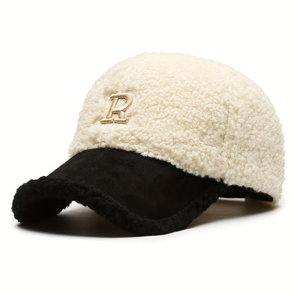 Pandaize-Gorra de béisbol con bordado de letra R para mujer, gorro de béisbol ajustable a prueba de frío, cálido, de felpa, ajustable, para Otoño e Invierno