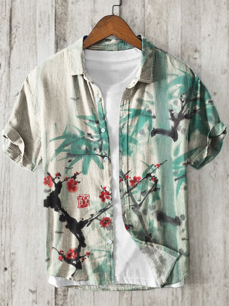 'Plum Blossom Bamboo Ink Art Linen Blend Shirt'