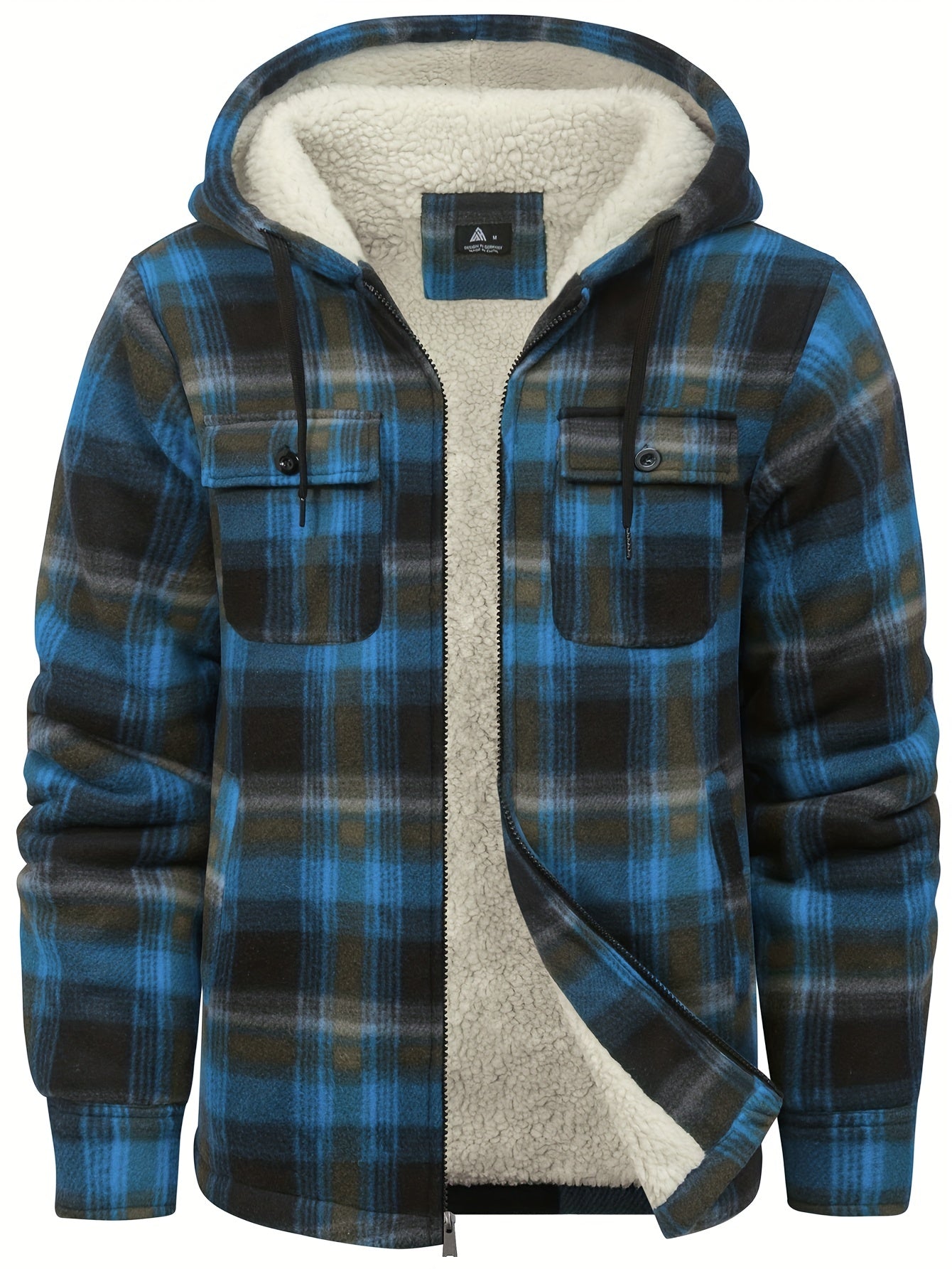 Casual Plaid Pattern Men's Zip Up Fleece Hooded Jacket with Pocket Design, Fall Winter Outdoor Sea Blue / XL(42)