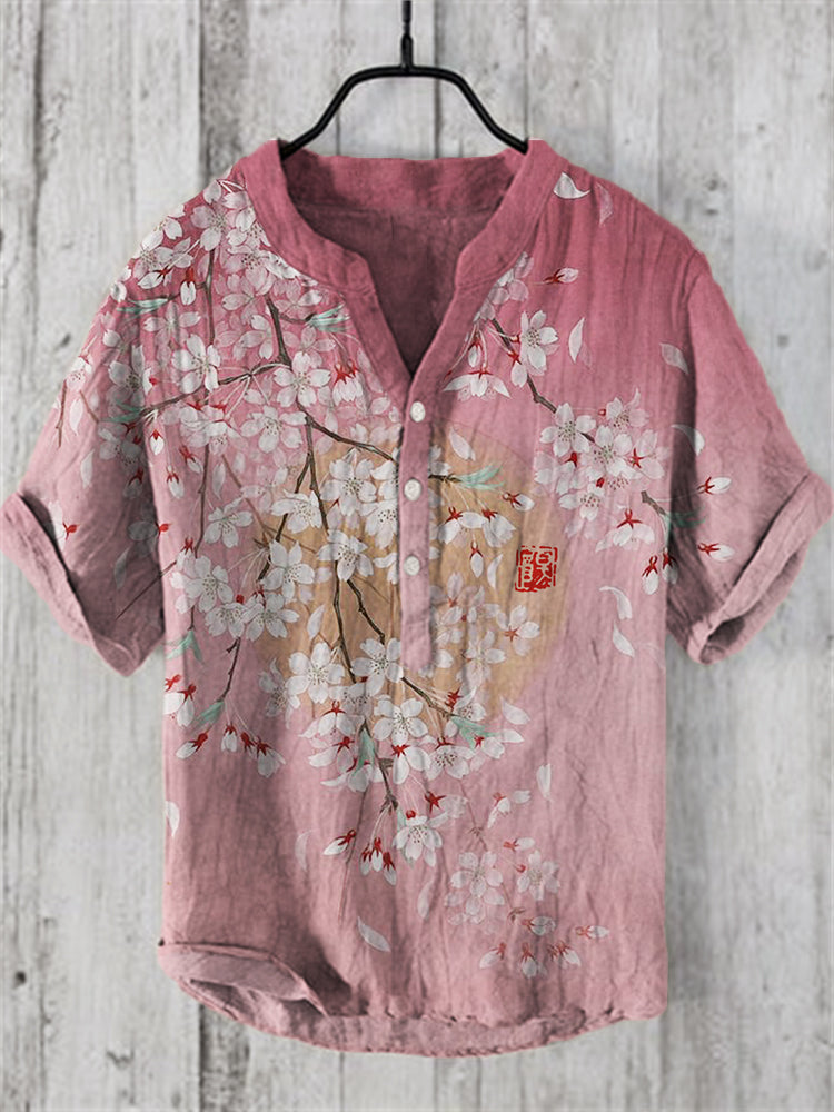 Cherry Blossom Full Moon Art Linen Blend Shirt