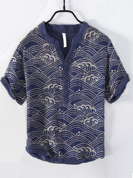 Japanese Waves Pattern Cotton Linen Shirt